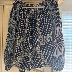 Free People Black and Cream Patterned Blouse